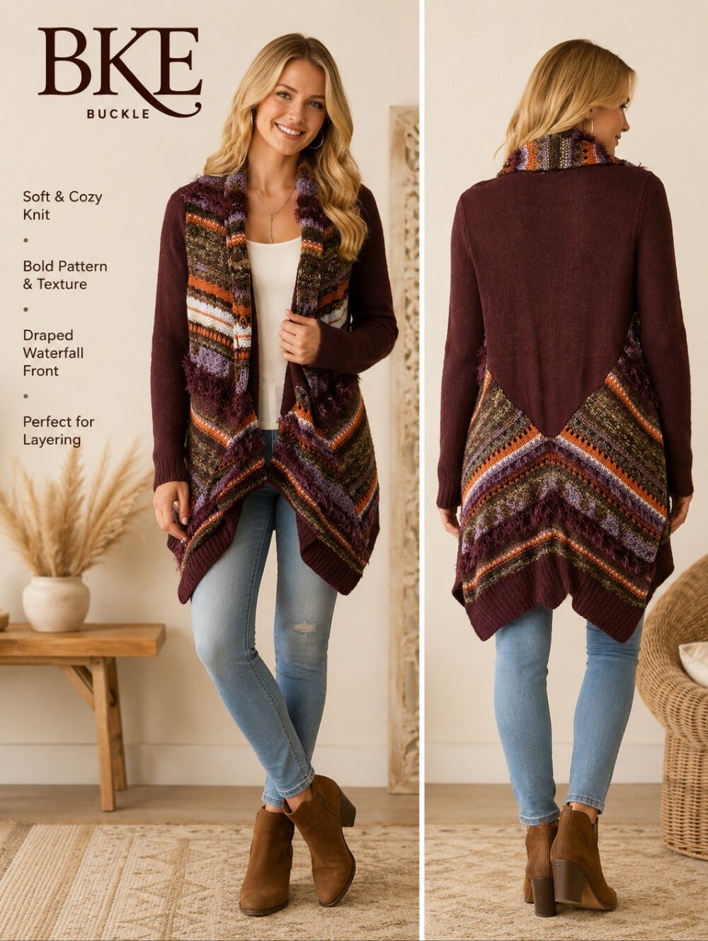 BKE Buckle Burgundy Multicolor Boho Fringe Waterfall Cardigan Sweater Size Small